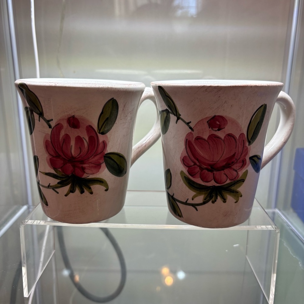 Vintage Hand Painted Italian Floral Ceramic Mugs Pink Green Set of 2